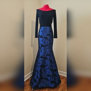 Xscape Black and Blue Floral Long Sleeve Dress